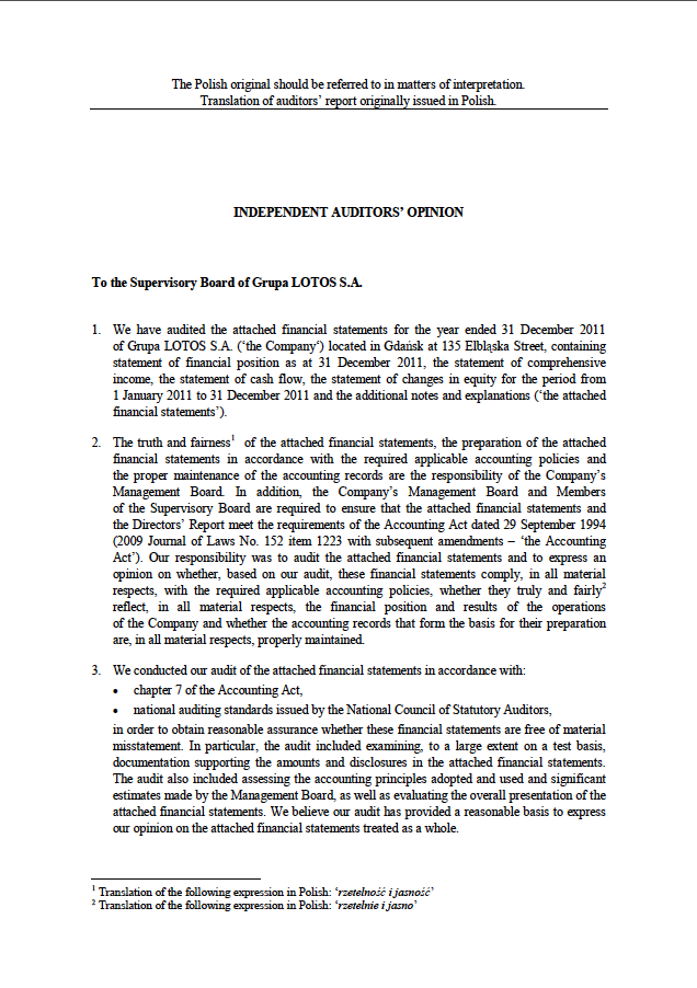 Independent auditors' opinion Grupa LOTOS 2011, page 1
